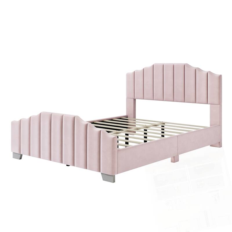 Velvet Upholstered Platform Bed Vertical Channel Tufted Headboard