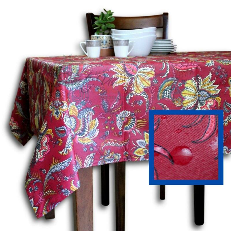 Wipeable Spill Resistant French Floral Acrylic Coated Vanne Tablecloth - 60 x 116 in - Red