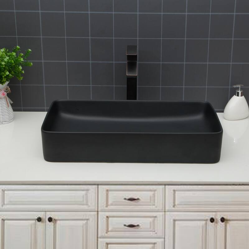 European-Inspired Rectangular Ceramic Vessel Sink with Polished Finish - 24" x 14", Countertop Installation - 24in L