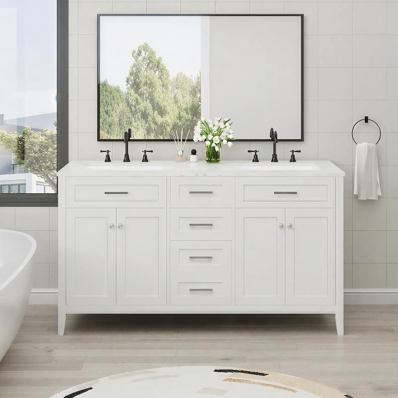 EROMMY All-in-One Bathroom Vanity with Ceramic Sink, Soft-Close Storage Cabinet & Drawer, Glossy Countertop, White