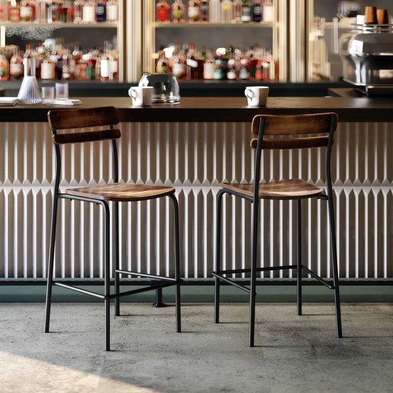 Commercial Solid Wood Bar Stool with Frame and Antique Finish - 19.75"W x 22.25"D x 44.5"H