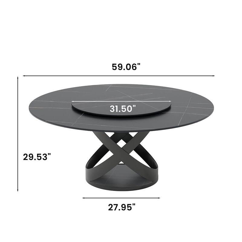 Modern Round White Glossy Dining Table with Sintered Stone Tabletop and Black X Carbon Steel Base
