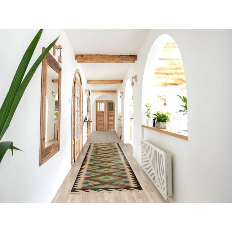 Hand Woven Oriental 100% Wool Carpet Southwestern Geometric Multi-Colored Kilim Runner Rug - 13' 0'' X 2' 8''