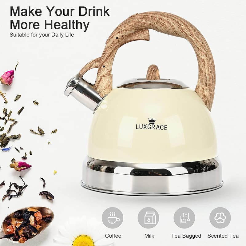 Creative Home 3.0 Qt. Stainless Steel Whistling Tea Kettle with Ergonomic Handle for Fast Boiling Heat Water, Creamy White