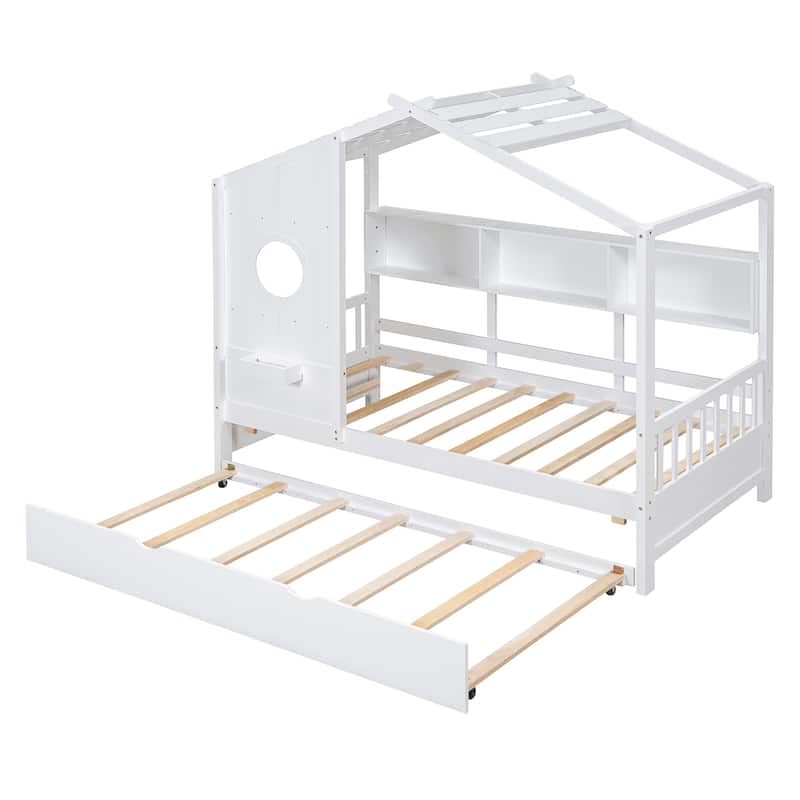 Wooden Twin Size House Bed with Trundle and Storage Shelves for Kids