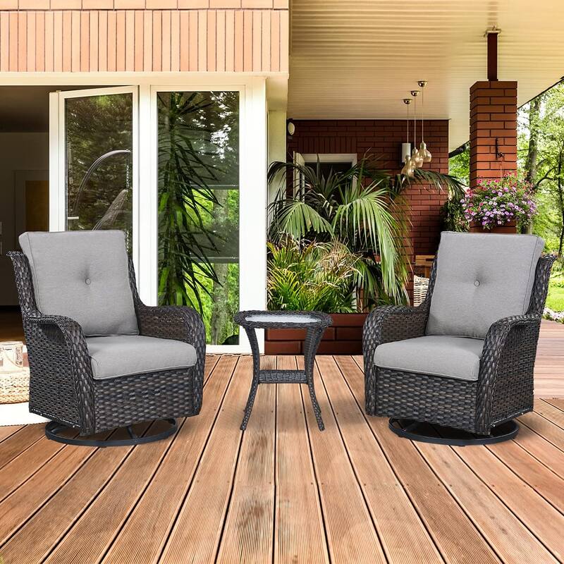 Pocassy 3-Piece Outdoor Swivel Bistro Set, Wicker Rocking Chairs