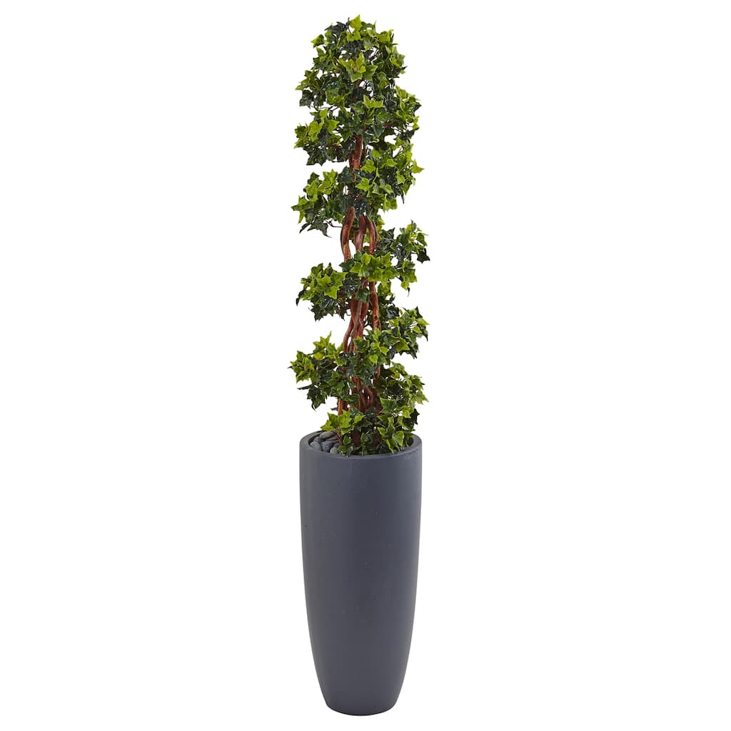 Artificial Topiary Tree Spiral Design Gray Planter Indoor Outdoor Decor 5ft - Green - 51-60 Inches