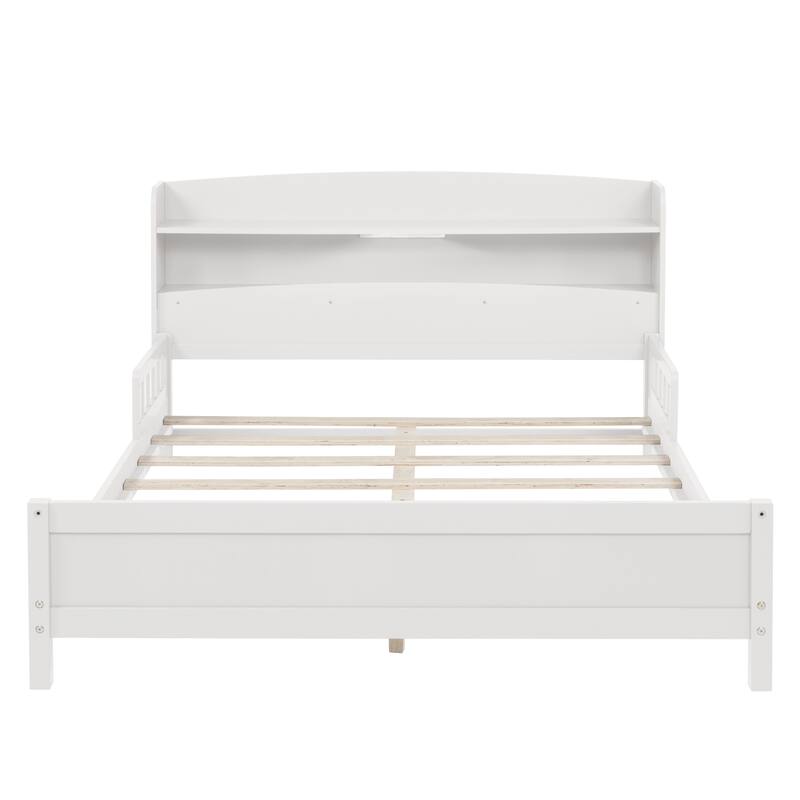 Full Size Platform Bed with LED Motion Sensor Light, Bookcase, And Adjustable Guardrails