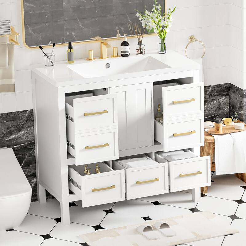 Freestanding Vanity for Bathroom with Resin Sink, Storage Cabinet with 5 Drawers, Soft Closing Doors and Gold Metal Handles