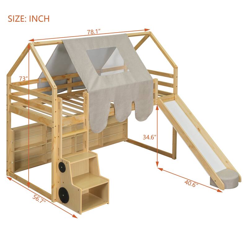 House-shaped Twin Loft Bed with Tent, Slide, and Storage in Natural+Beige