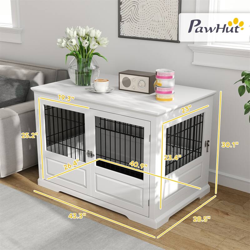 White MDF and Steel Extra Large Dog Crate with Three Doors Full-View Design Side Table Function and Removable Tray
