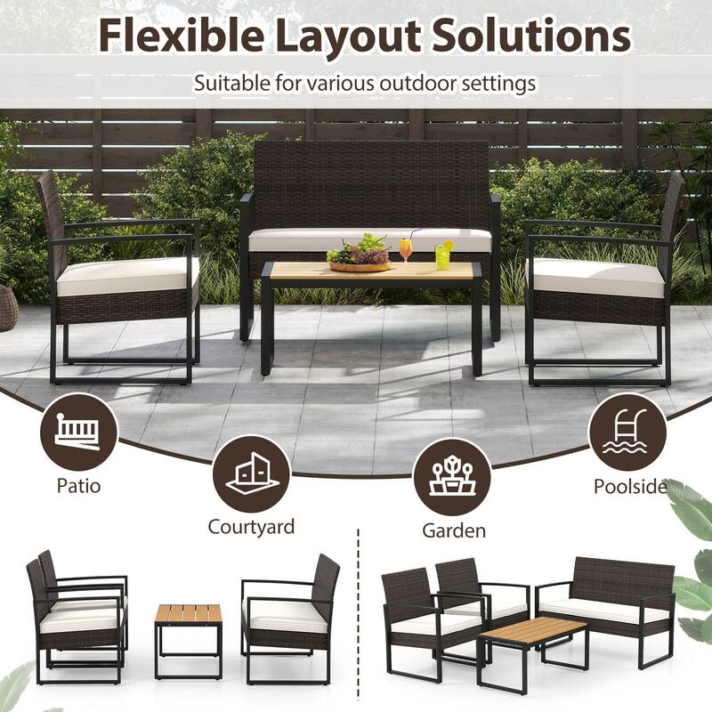 Gymax 4 Pieces Patio Furniture Set PE Rattan Porch Chairs w/ Loveseat
