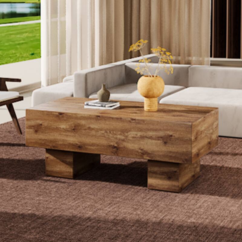 Wood Coffee Table for Living Room, 43.3" Farmhouse Coffee Table with Legs, Rectangular Center Table Cocktail Living Room Table