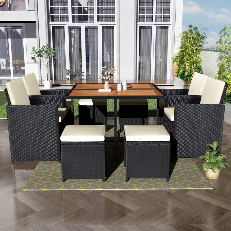 Patio AllWeather PE Wicker Dining Table Set with Wood Tabletop for 8