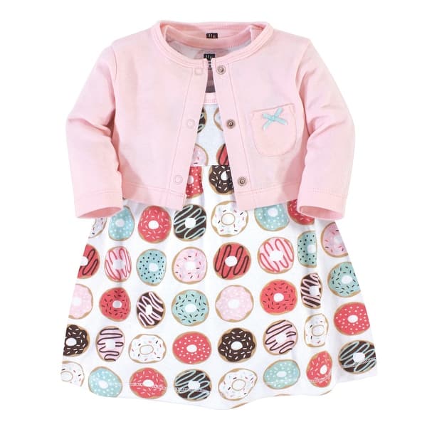 slide 1 of 1, Hudson Baby Infant and Baby Girl Cotton Dress and Cardigan 2pc Set, Donuts 0-3 Months - Donuts