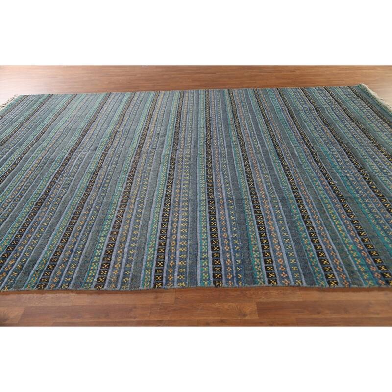 Striped Moroccan Oriental Area Rug Hand-Knotted Wool Carpet - 9'0" x 12'2"