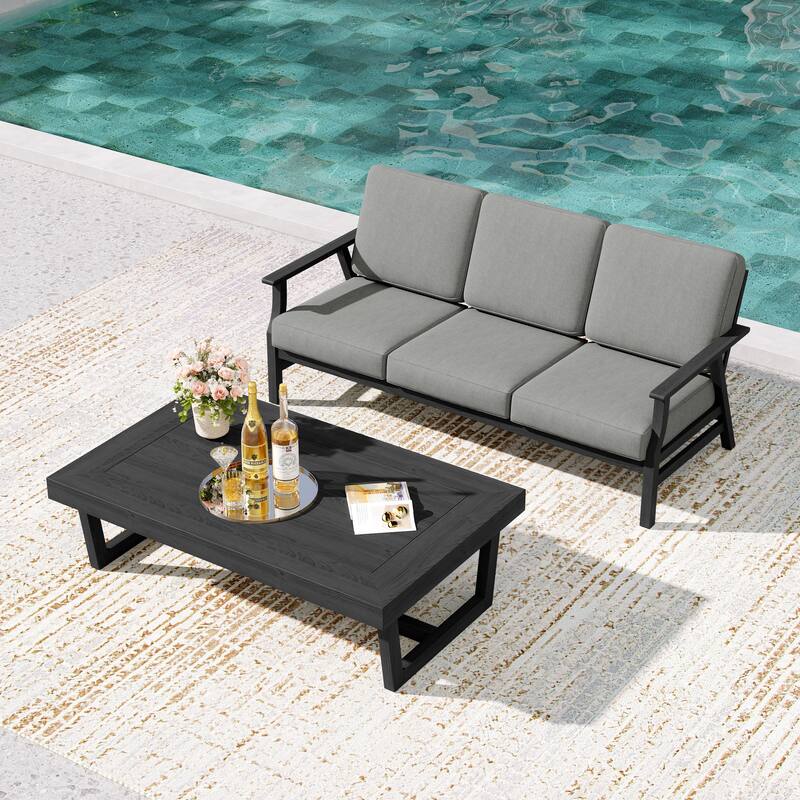 2-Piece Teak Outdoor Sofa Set with Table - Grey/coffee table - Black Wood