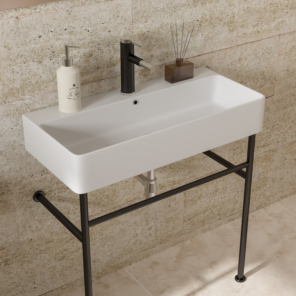 32" Freestanding Bathroom Console Sink with Ceramic Basin, Overflow, Black Metal Legs, and Drain Kit Included