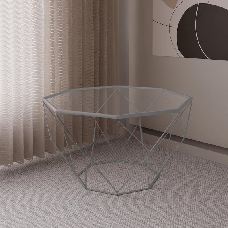 Malibu 29" Modern Octagon Center Coffee Table with Tempered Glass Table top & Sturdy Metal Geometric Base for Living Room Office