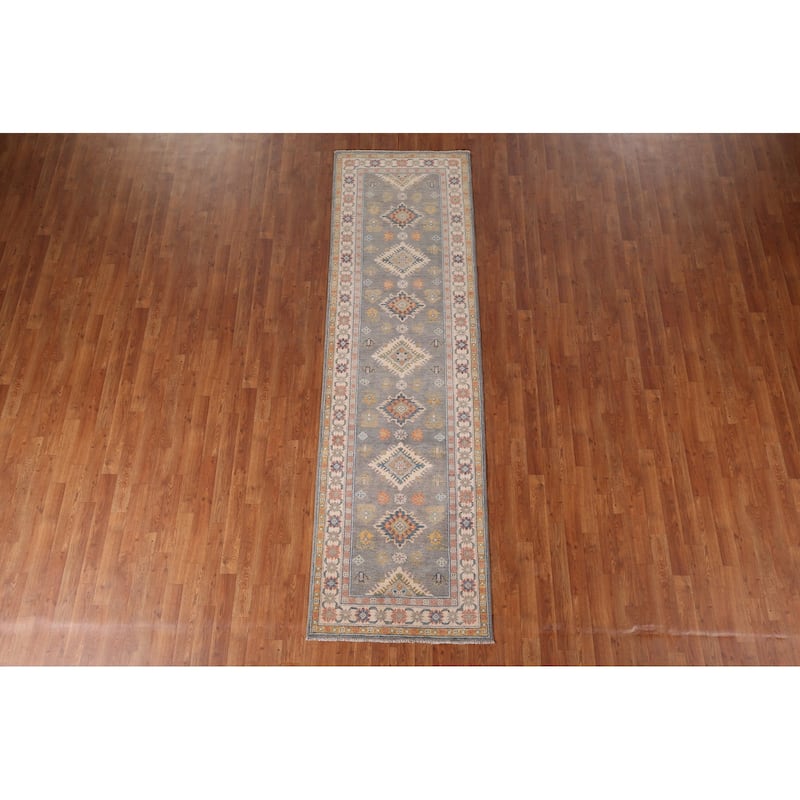 Grey Geometric Kazak Runner Rug Handmade Wool Carpet - 2'10" x 9'10"