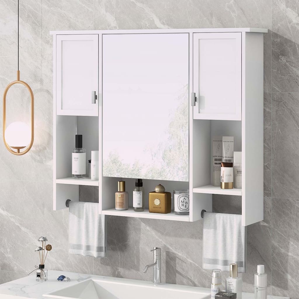 35'' x 28'' Modern Wall Mounted Bathroom Storage Cabinet with Mirror and Towel Bar,for Organized and Stylish Bathrooms
