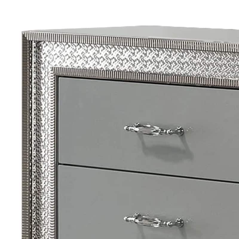 Cyl 6 Drawer Wide Dresser, Metallic Gray Solid Wood with Chrome Trim