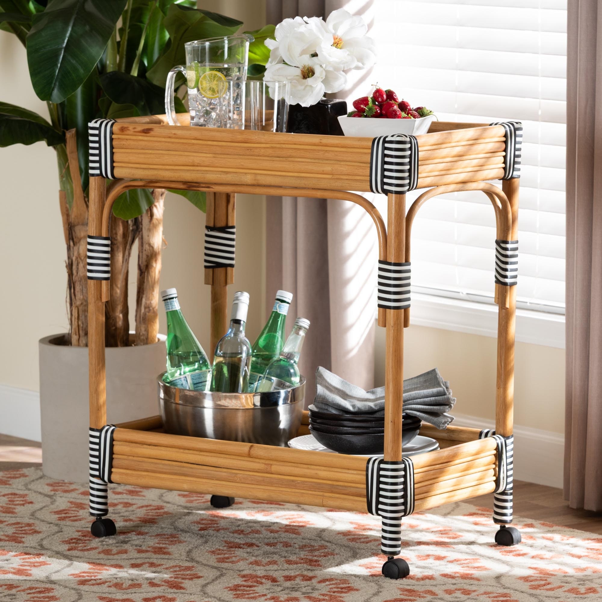 Carmine Natural Rattan Kitchen Cart - 2-Tier Handwoven Wicker Storage Trolley with Raised Borders for Kitchen or Lounge