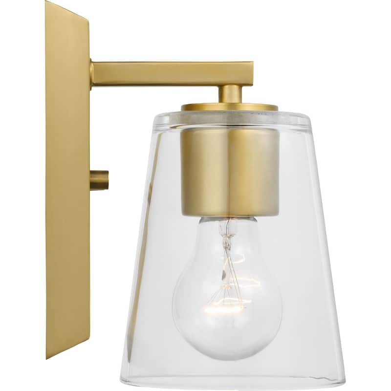 Vertex Collection One-Light Brushed Gold Clear Glass Contemporary Bath Light - 4.75 in x 6.25 in x 7.5 in