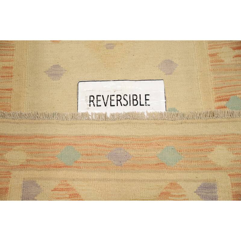 Hand Woven Oriental 100% Wool Carpet Southwestern Tribal Beige & Ivories Kilim Runner Rug - 9' 10'' X 2' 10''