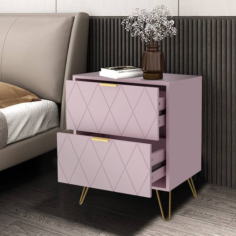 Modern Set of 2 Nightstands with Metal Legs 2-Drawer Bedside Table