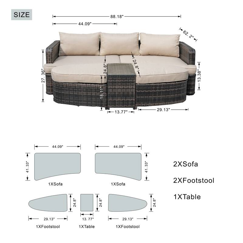 5-piece Patio Wicker Daybed Sectional Sofa Set with Side Table