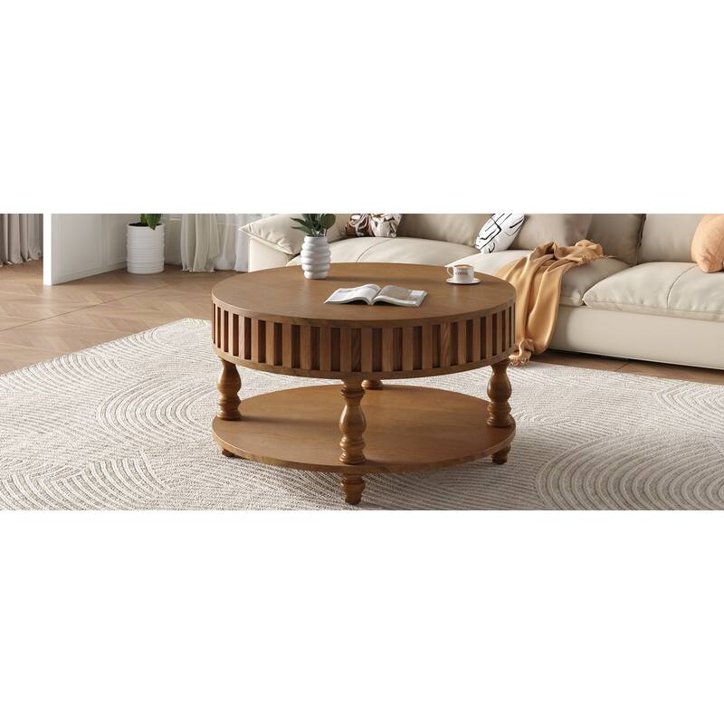 31.5" Farmhouse Round Fluted Coffee Table with Flip-Top Lids and Spacious Hidden Storage