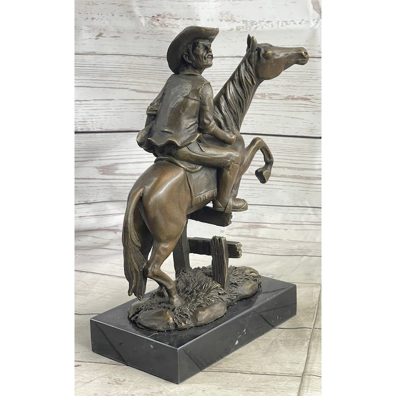 Cowboy On Horseback Hopping A Fence Bronze Sculpture Statue Western Decor