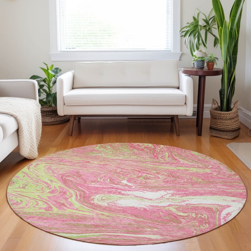 Machine Washable Indoor/ Outdoor Abstract Brushstroke Chantille Rug - Pink - 8' x 8'
