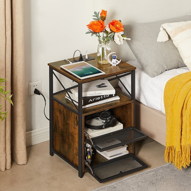 VECELO, Mid-century Modern Nightstand with Charging Station and USB Port