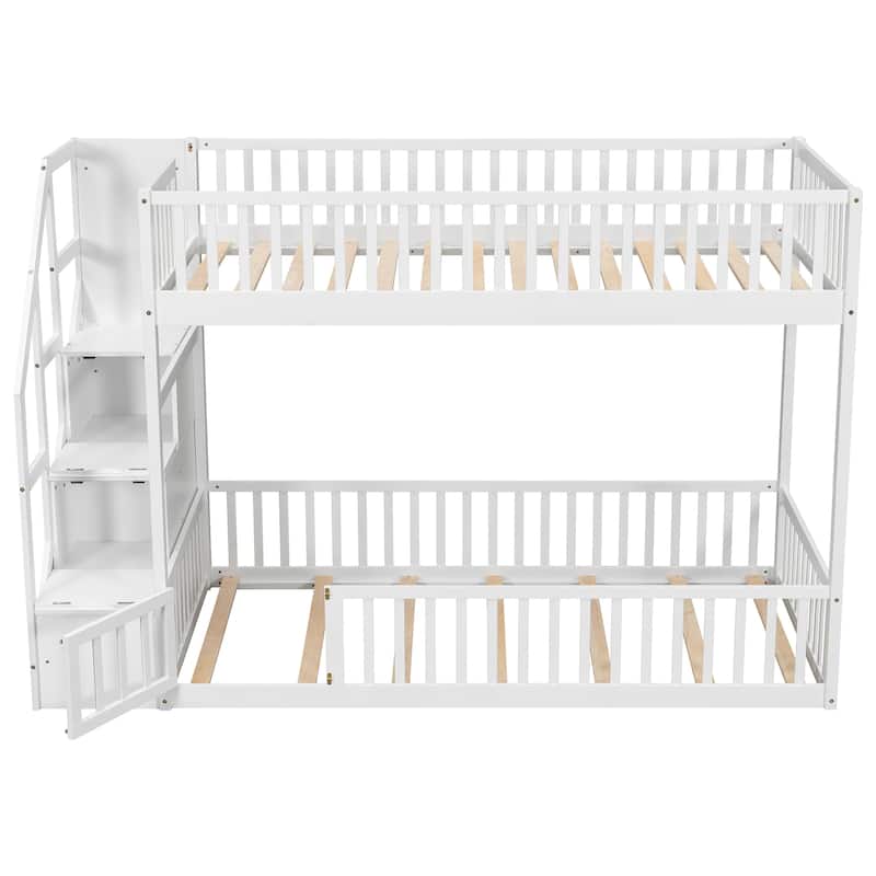 Twin Over Twin Floor Bunk Bed Frame with Storage Stairs and Door