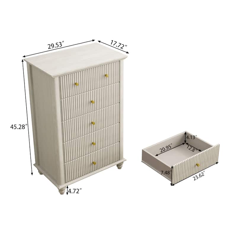 Fluted 5 Drawer Dresser, 45 Inch Tall Modern Chest of Drawers, Bedroom Dresser with Metal Handle, Wooden Drawer Organizer