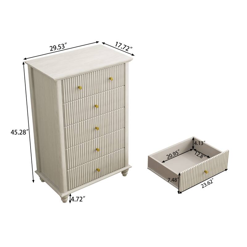 GDFStudio - Ava 45" Tall 5-Drawer Dresser with Fluted Detail and Wooden Base