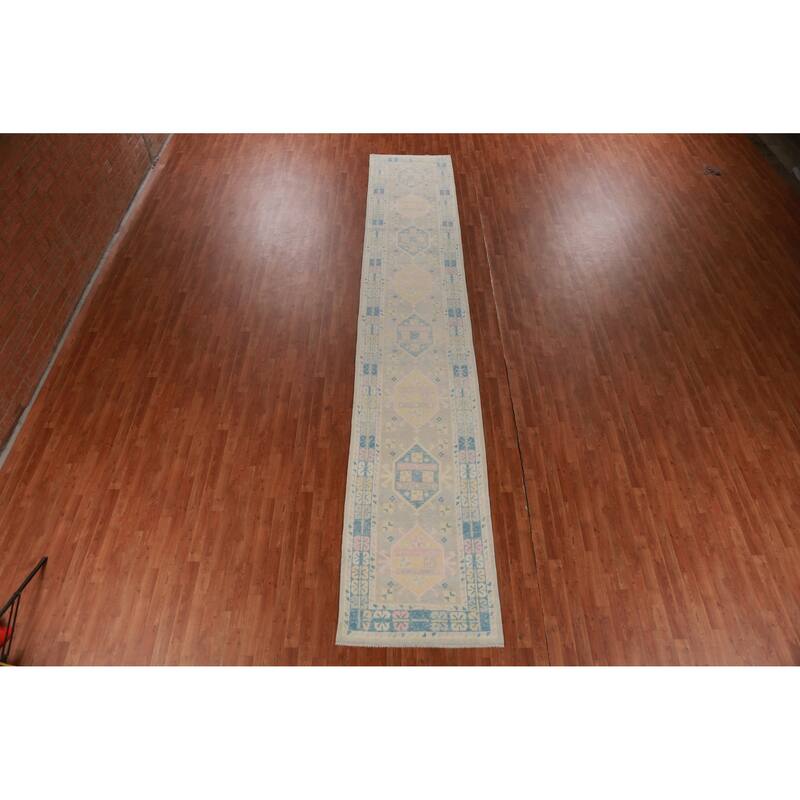 Hand Knotted Oriental 100% Wool Carpet Transitional Geometric Greys & Charcoal Oushak Runner Rug - 17' 6'' X 3' 1''