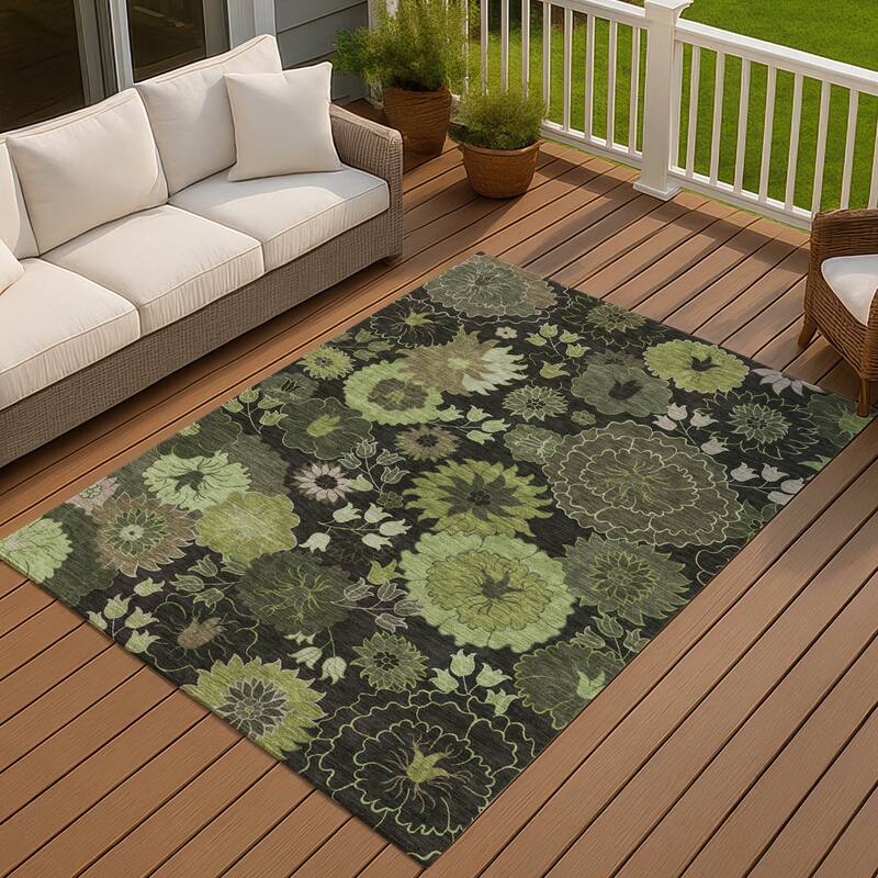 Machine Washable Indoor/ Outdoor Modern Floral Chantille Rug - Green - 8' x 10'