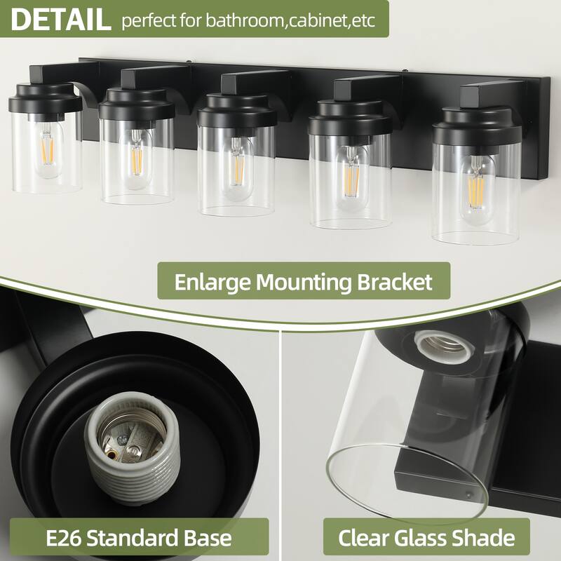 5-Light Bathroom Vanity Light Bathroom Light Fixtures Over Mirror, 31" Black Vanity Lights with Glass Shade