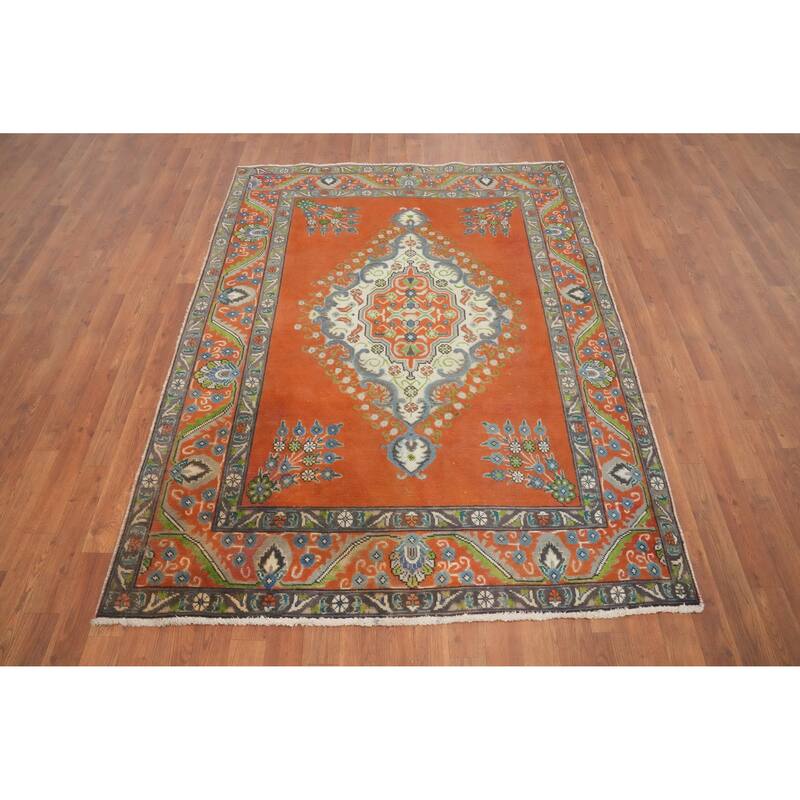 Hand Knotted Oriental 100% Wool Carpet Traditional Medallion Oranges & Rust Tabriz Area Rug - 6' 3'' X 4' 10''
