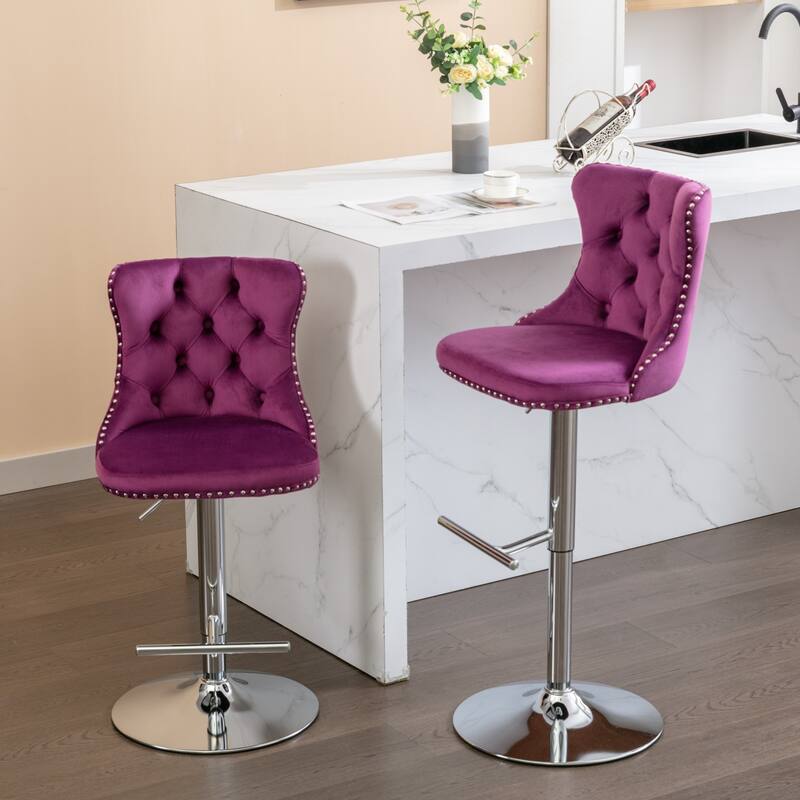 Set of 2 Swivel Velvet Bar Stools with Adjustable Height - chrome and purple