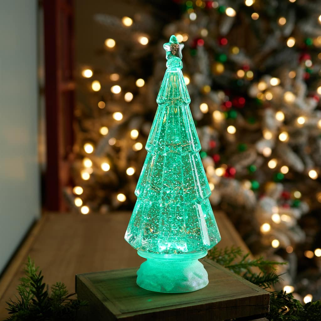 LED Lighted Glittered Christmas Tree Decoration - 12" - Green Lights