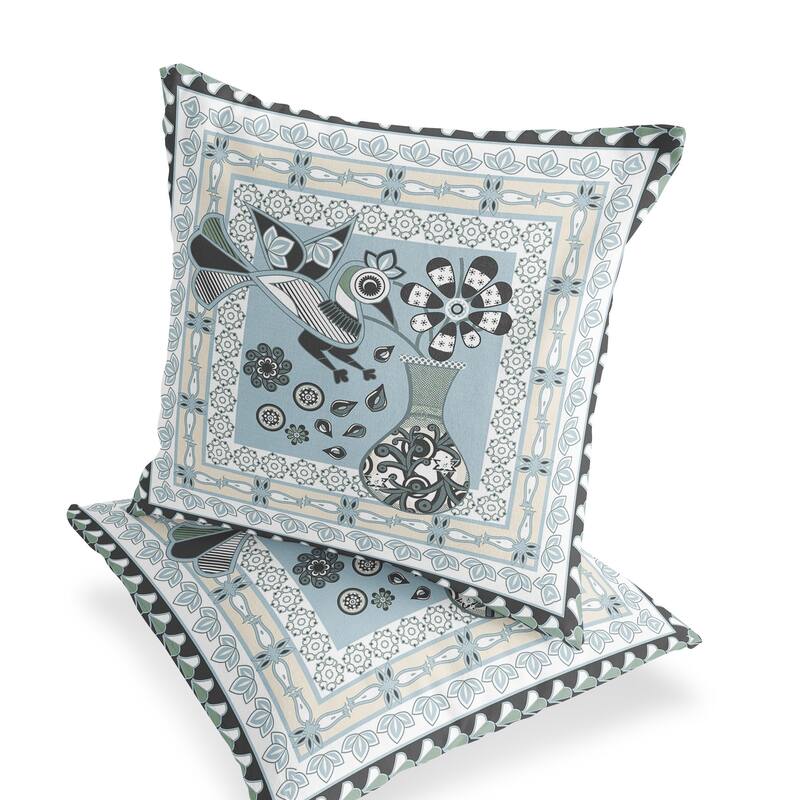 HomeRoots Set of Two 16" X 16" Blue and Black Peacock Blown Seam Floral Indoor Outdoor Throw Pillow - 16.00' X '16.00' X '5.00