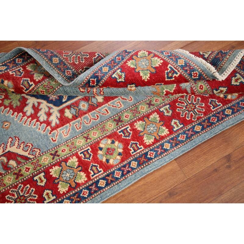Light Blue Geometric Kazak Rug Entryway Hand-Knotted Wool Carpet - 3'1" x 4'11"