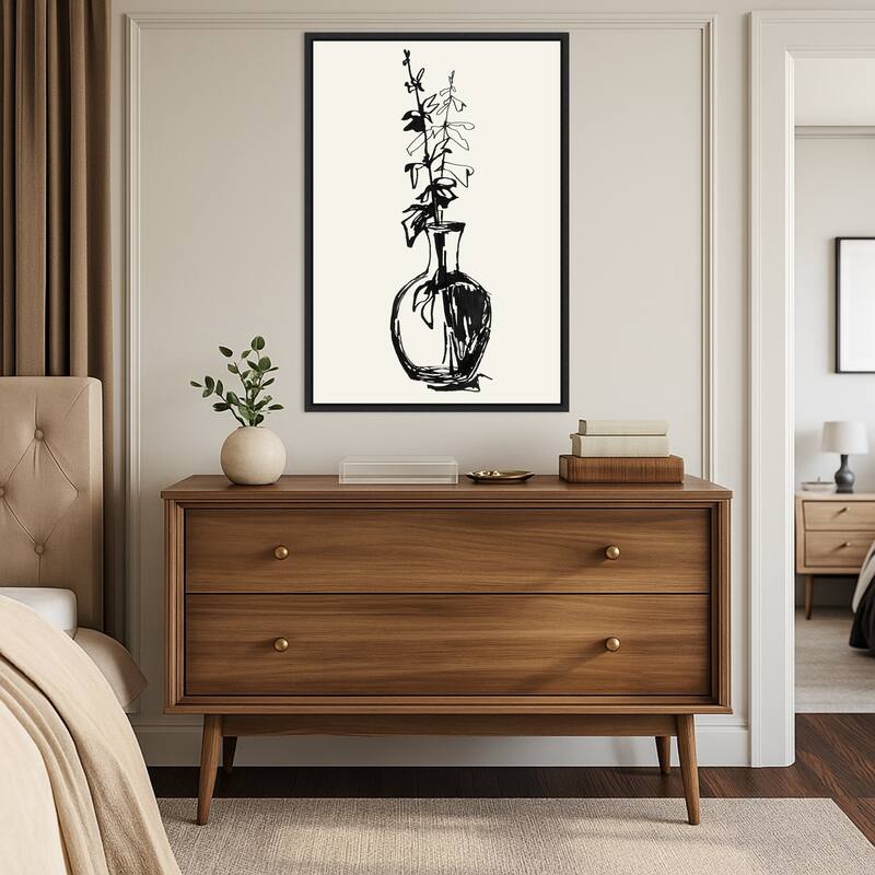 Leaves in a vase ink sketch by Rosana Laiz Blursbyai (23 x 33 in.), Framed Canvas Wall Art Print