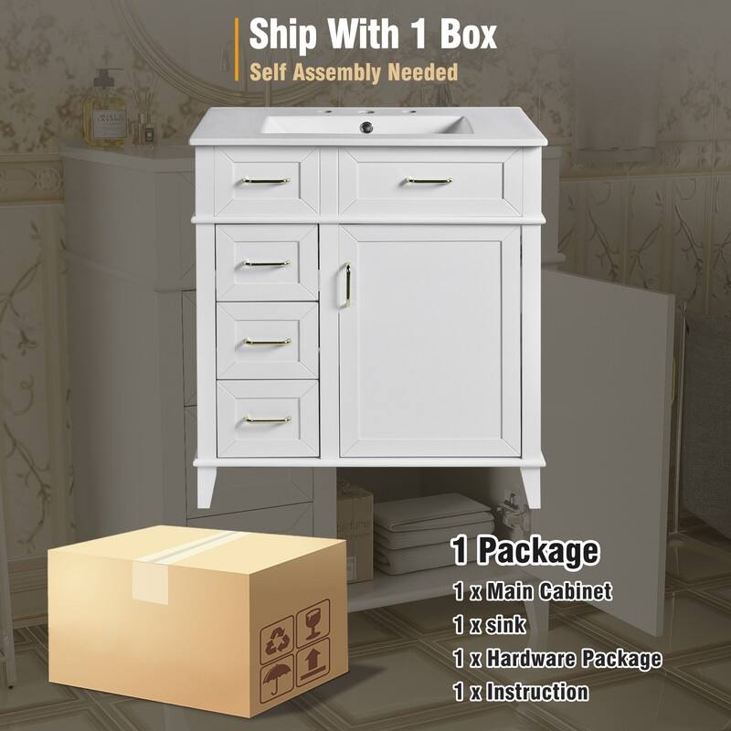Modern Freestanding Bathroom Vanity with 30-Inch Ceramic Sink, Soft Close Storage Cabinet with 3 Drawers & Adjustable Shelf