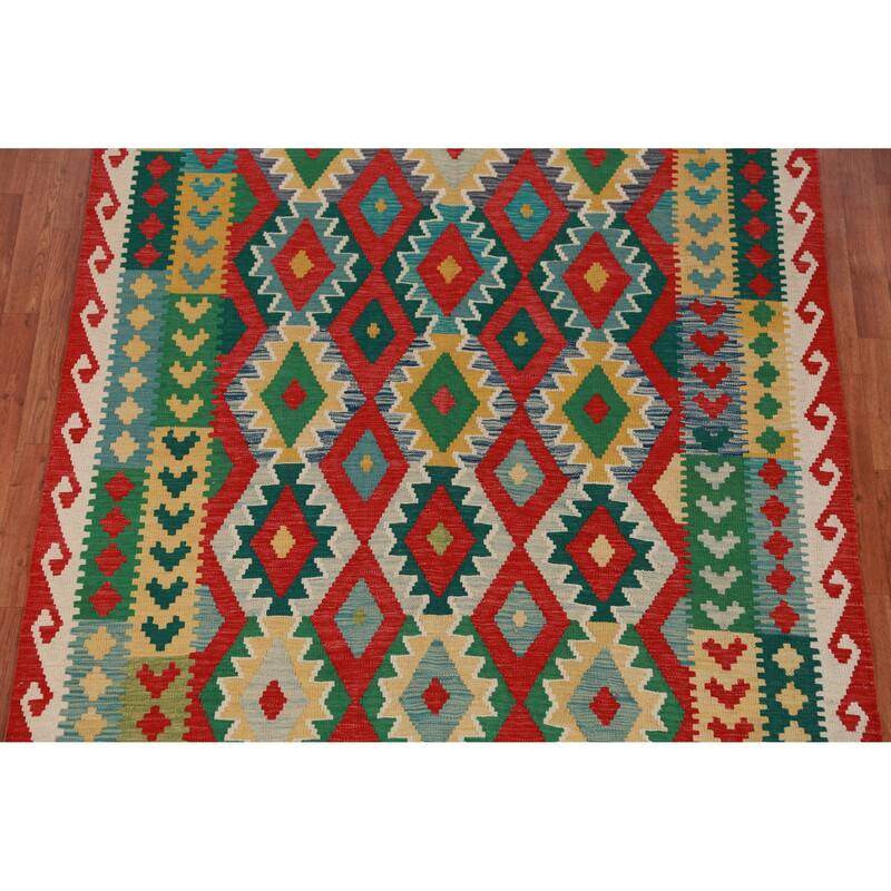 Hand Woven Oriental 100% Wool Carpet Southwestern All-Over Multi-Colored Kilim Area Rug - 7' 9'' X 5' 10''