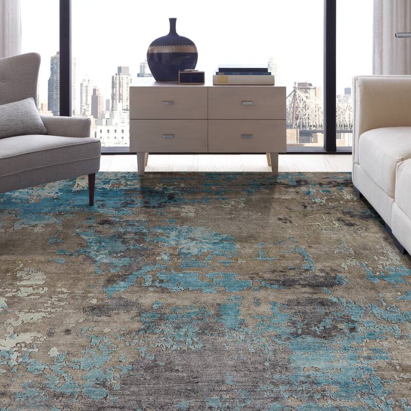 Modern Multi-Colored Hand-Knotted Viscose Area Rug